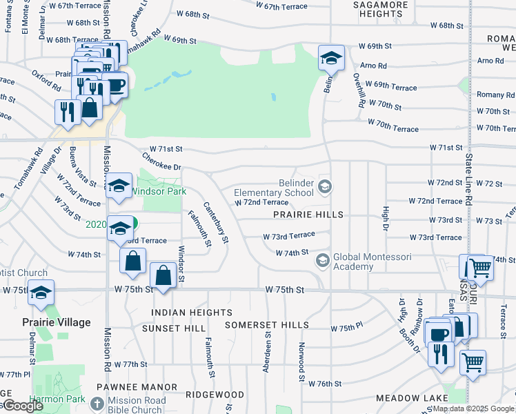 map of restaurants, bars, coffee shops, grocery stores, and more near 3104 West 73rd Street in Prairie Village