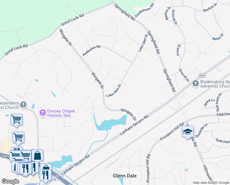 map of restaurants, bars, coffee shops, grocery stores, and more near Lake Glen Drive in Glenn Dale