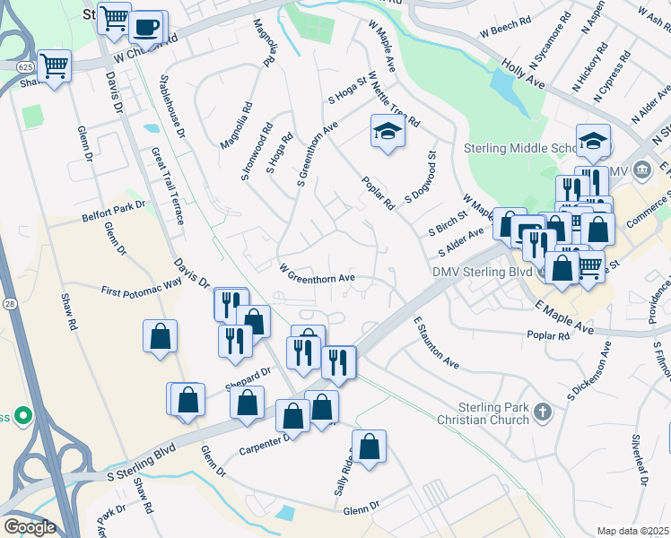 map of restaurants, bars, coffee shops, grocery stores, and more near 907 Windsor Court in Sterling