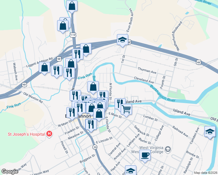 map of restaurants, bars, coffee shops, grocery stores, and more near 44 North Florida Street in Buckhannon
