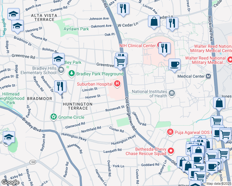 map of restaurants, bars, coffee shops, grocery stores, and more near 8600 Old Georgetown Road in Bethesda