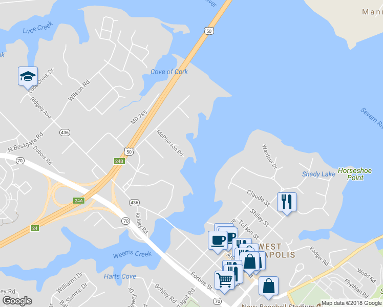 map of restaurants, bars, coffee shops, grocery stores, and more near 57 Overlook Drive in Annapolis