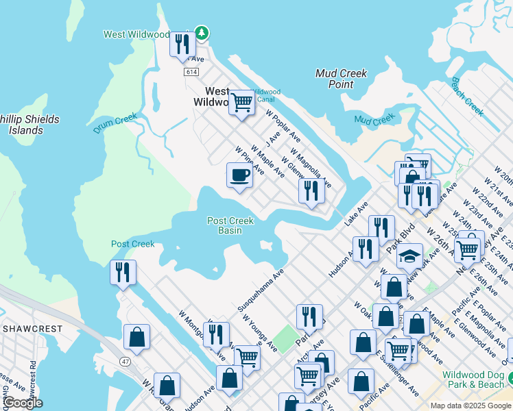 map of restaurants, bars, coffee shops, grocery stores, and more near 2 Mueller Avenue in Wildwood