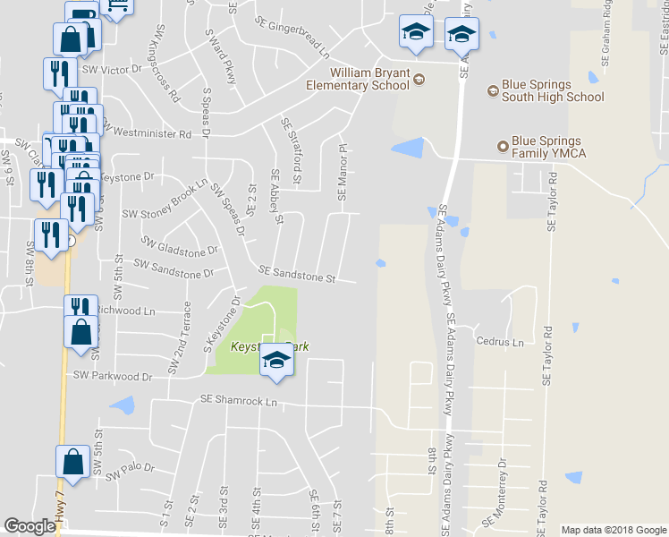 map of restaurants, bars, coffee shops, grocery stores, and more near 2009 Southeast Manor Place in Blue Springs