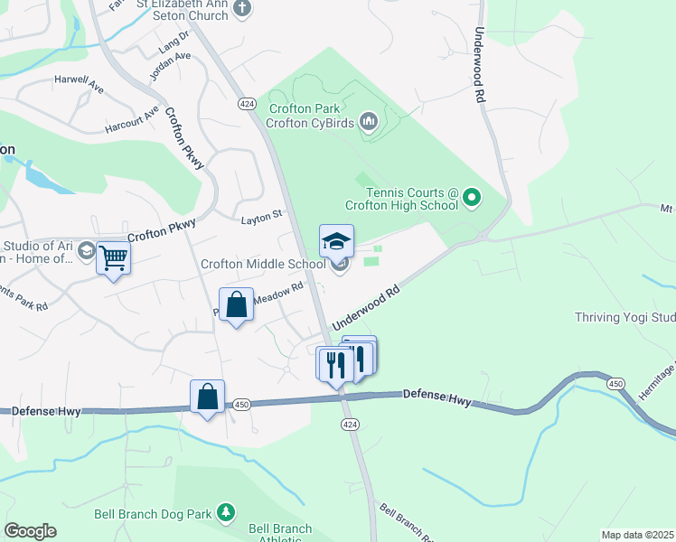 map of restaurants, bars, coffee shops, grocery stores, and more near 2301 Davidsonville Road in Gambrills