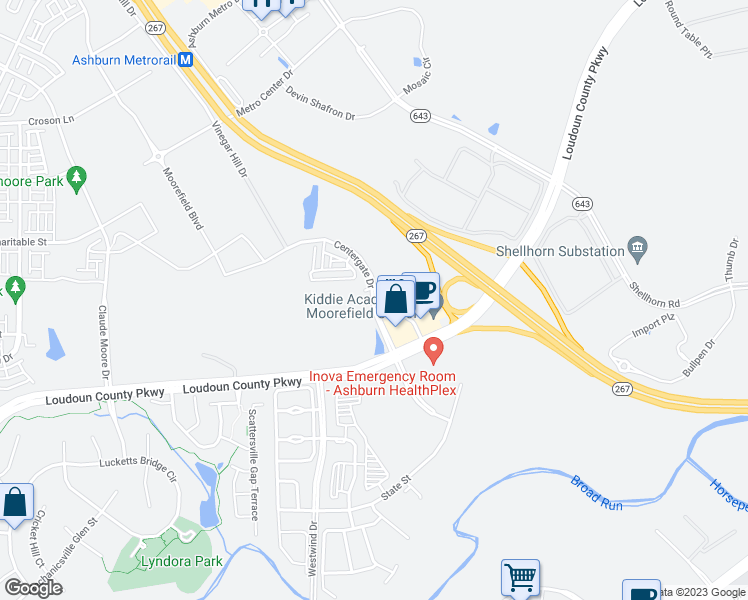 map of restaurants, bars, coffee shops, grocery stores, and more near Centergate Drive in Ashburn