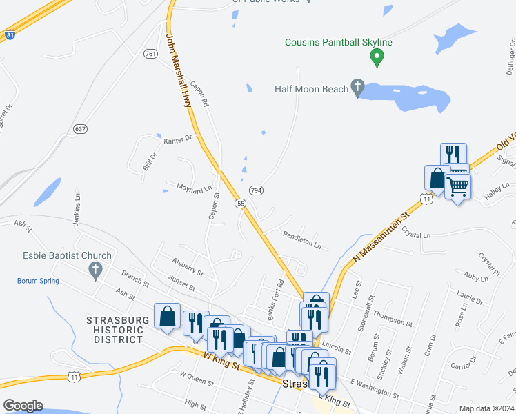 map of restaurants, bars, coffee shops, grocery stores, and more near 100 Rocky View Drive in Strasburg