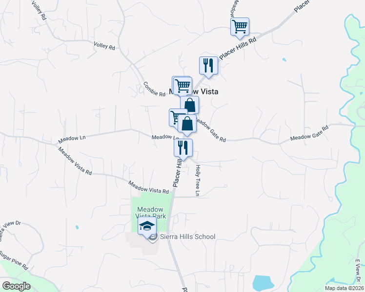 map of restaurants, bars, coffee shops, grocery stores, and more near 16850 Placer Hills Road in Meadow Vista