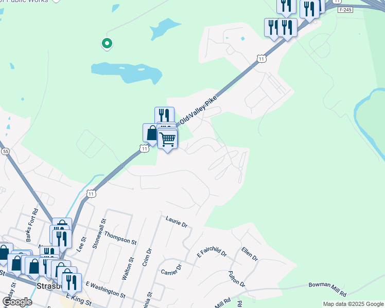 map of restaurants, bars, coffee shops, grocery stores, and more near 205 Hailey Lane in Strasburg