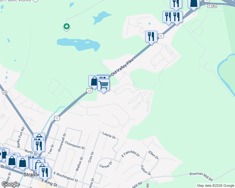 map of restaurants, bars, coffee shops, grocery stores, and more near 591 Crystal Lane in Strasburg