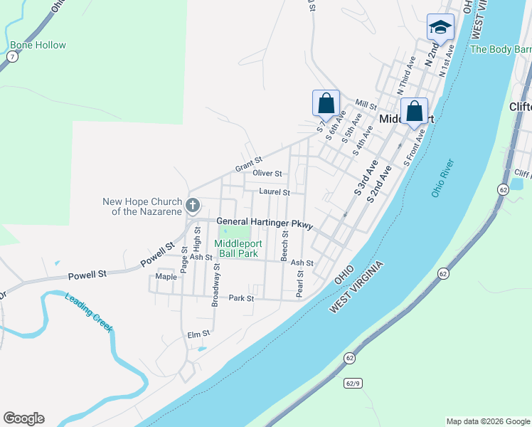 map of restaurants, bars, coffee shops, grocery stores, and more near 690 Art Lewis Street in Middleport