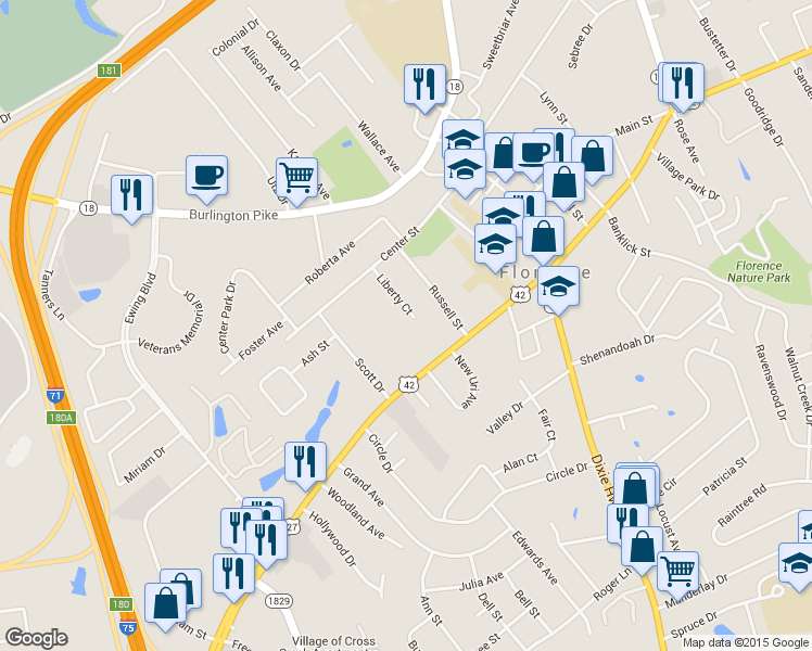 map of restaurants, bars, coffee shops, grocery stores, and more near 7436 Liberty Court in Florence