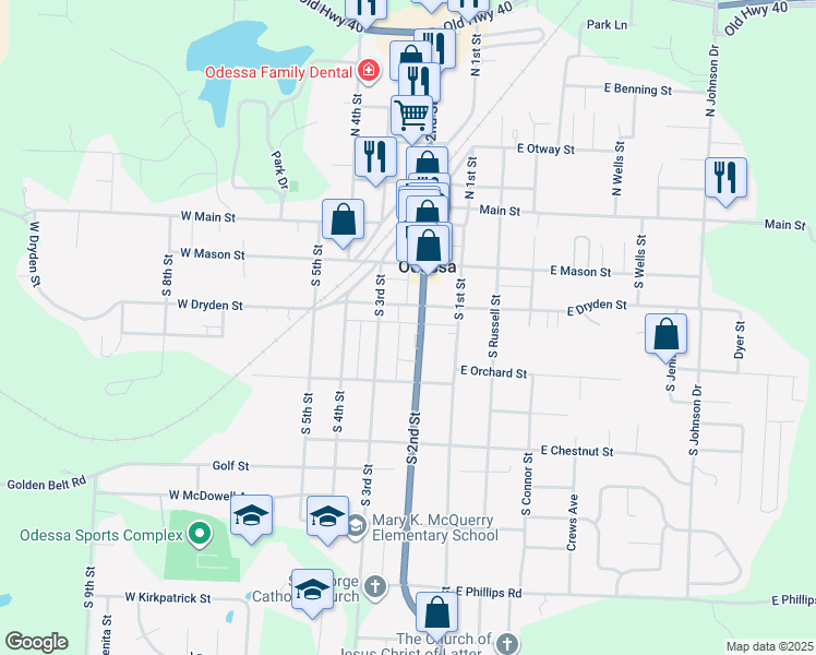 map of restaurants, bars, coffee shops, grocery stores, and more near 315 South 2nd Street in Odessa