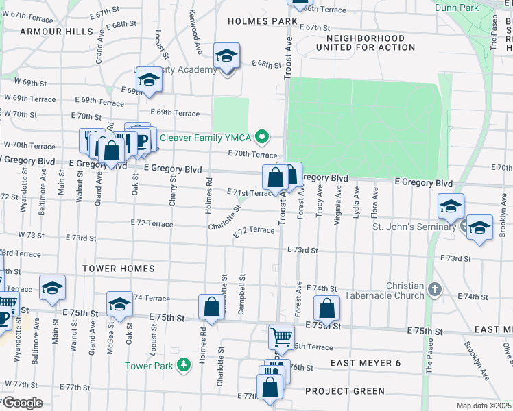 map of restaurants, bars, coffee shops, grocery stores, and more near 833 East 72nd Street in Kansas City