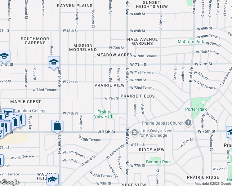 map of restaurants, bars, coffee shops, grocery stores, and more near 7241 Maple Street in Overland Park