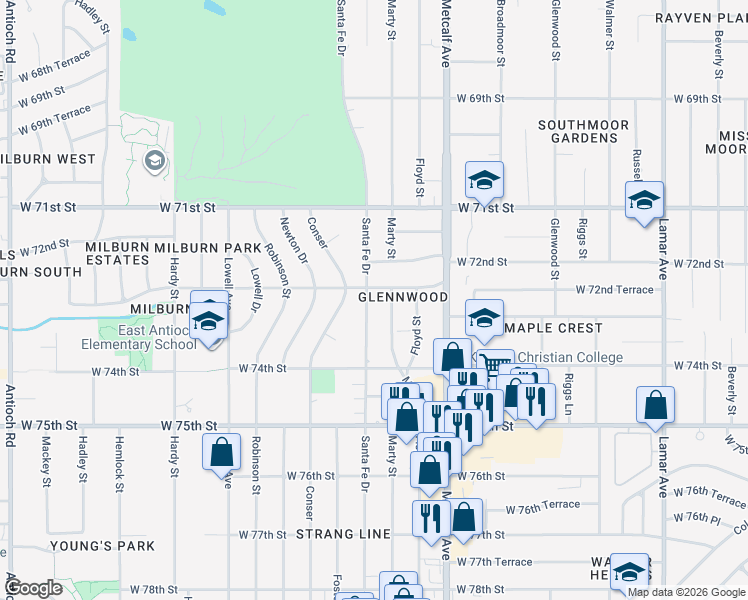 map of restaurants, bars, coffee shops, grocery stores, and more near 7243 Santa Fe Drive in Overland Park