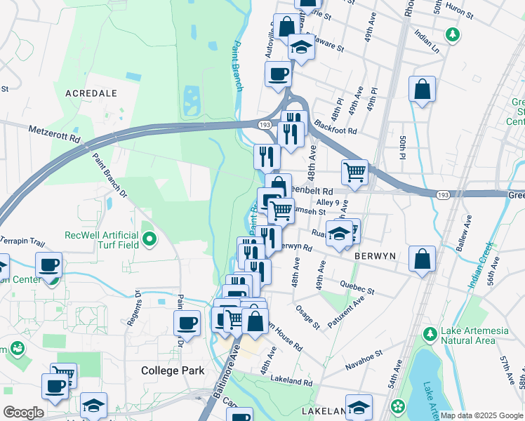 map of restaurants, bars, coffee shops, grocery stores, and more near 8708 Baltimore Avenue in College Park