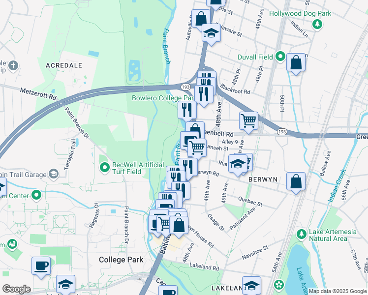 map of restaurants, bars, coffee shops, grocery stores, and more near 8708 Baltimore Avenue in College Park