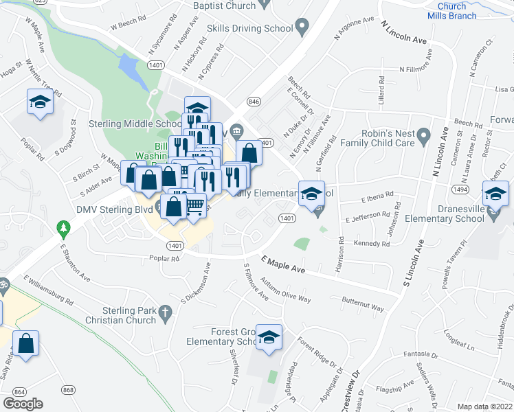map of restaurants, bars, coffee shops, grocery stores, and more near 318 Lancaster Square in Sterling
