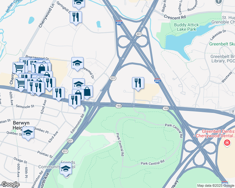 map of restaurants, bars, coffee shops, grocery stores, and more near 6301 Golden Triangle Drive in Greenbelt
