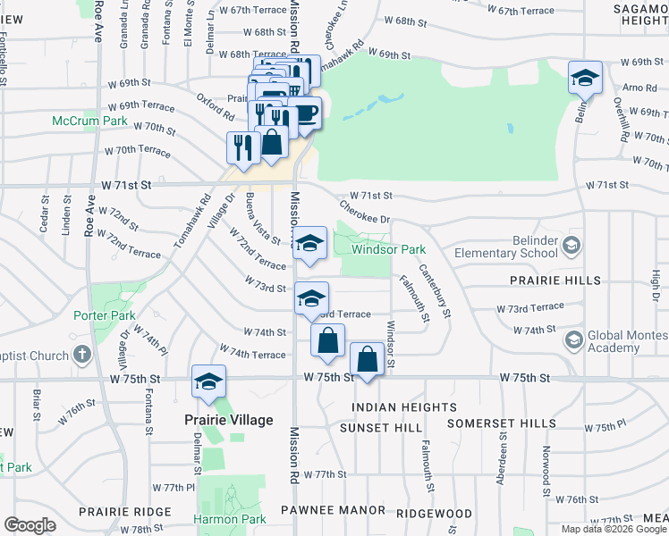 map of restaurants, bars, coffee shops, grocery stores, and more near 7231 Mission Road in Prairie Village