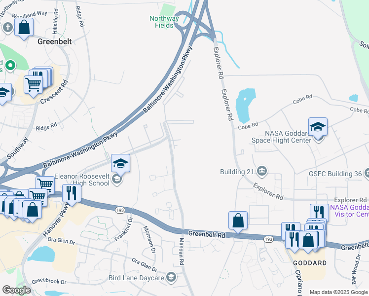 map of restaurants, bars, coffee shops, grocery stores, and more near 7807 Mandan Road in Greenbelt