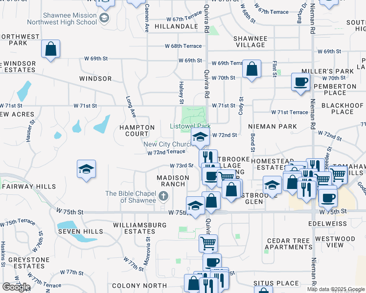 map of restaurants, bars, coffee shops, grocery stores, and more near 12014 West 72nd Terrace in Shawnee