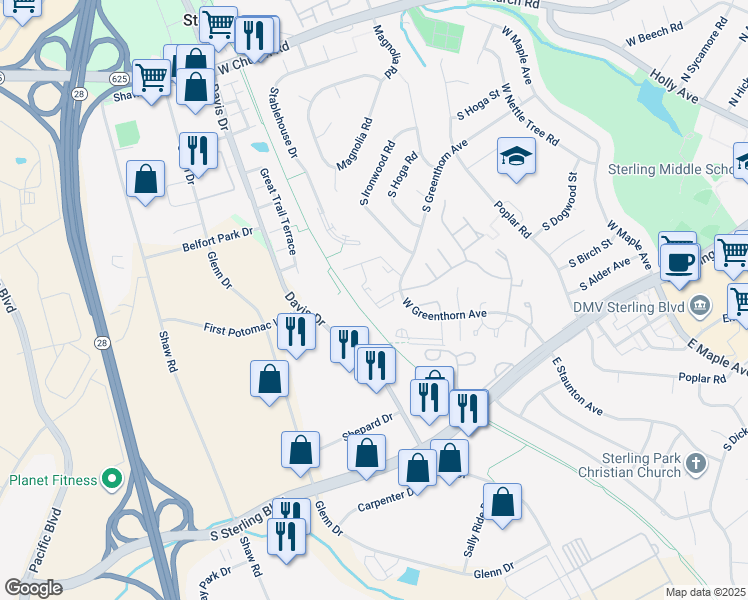 map of restaurants, bars, coffee shops, grocery stores, and more near 1040C Margate Court in Sterling