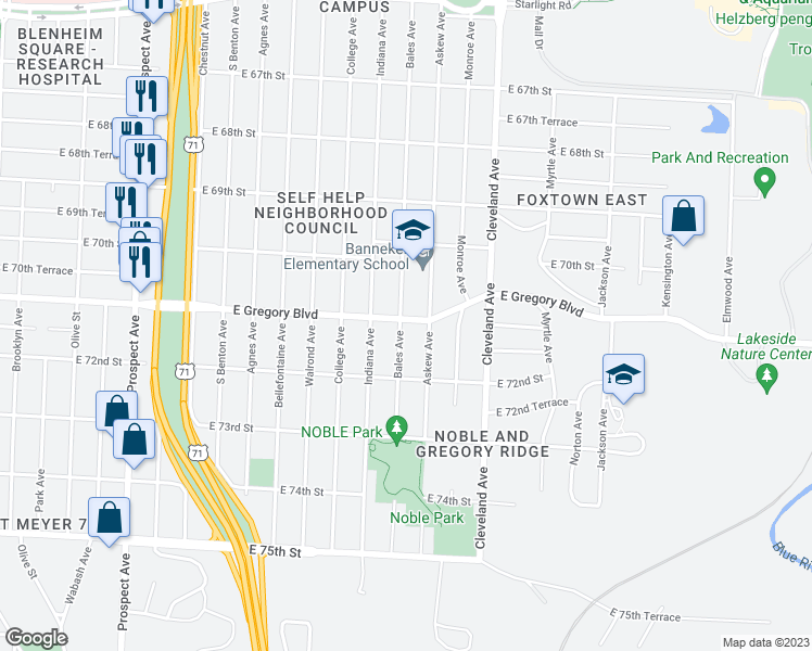 map of restaurants, bars, coffee shops, grocery stores, and more near 7101 Bales Avenue in Kansas City