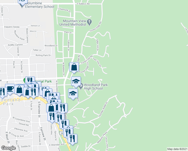 map of restaurants, bars, coffee shops, grocery stores, and more near 400 Mountain View Place in Woodland Park