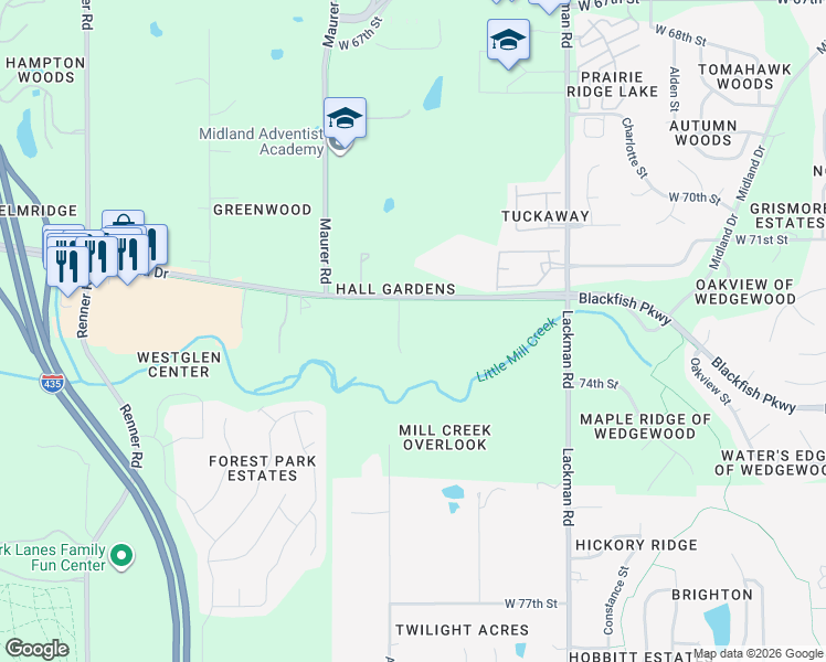 map of restaurants, bars, coffee shops, grocery stores, and more near 15609 Midland Drive in Shawnee