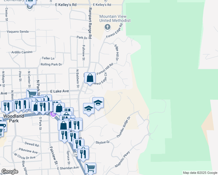 map of restaurants, bars, coffee shops, grocery stores, and more near 405 Forest Edge Lane in Woodland Park