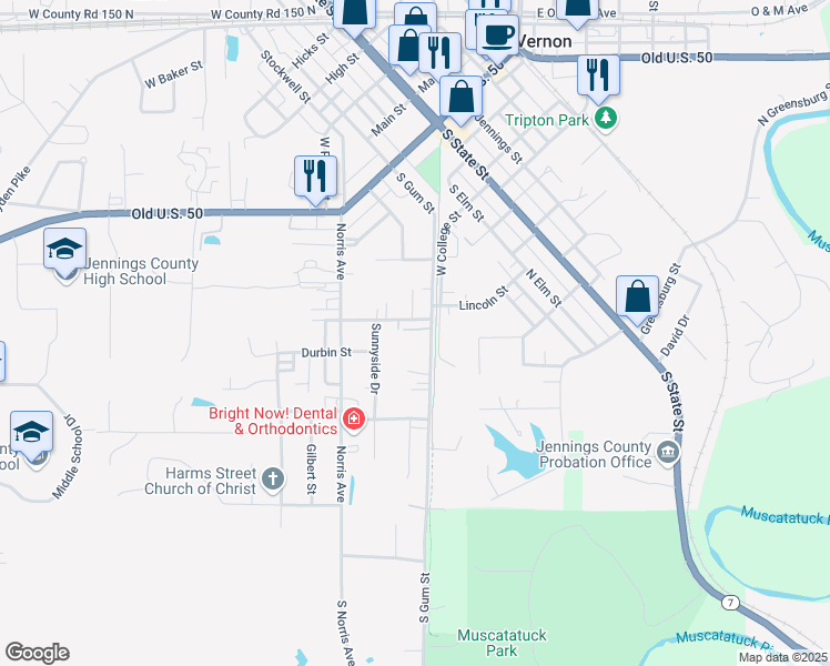 map of restaurants, bars, coffee shops, grocery stores, and more near 319 South Gum Street in North Vernon