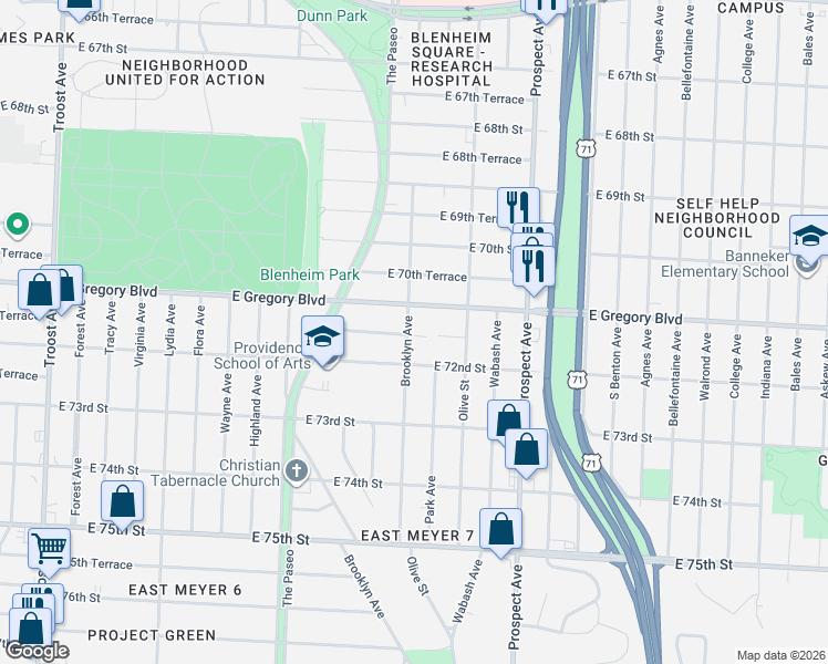 map of restaurants, bars, coffee shops, grocery stores, and more near 7125 Brooklyn Avenue in Kansas City