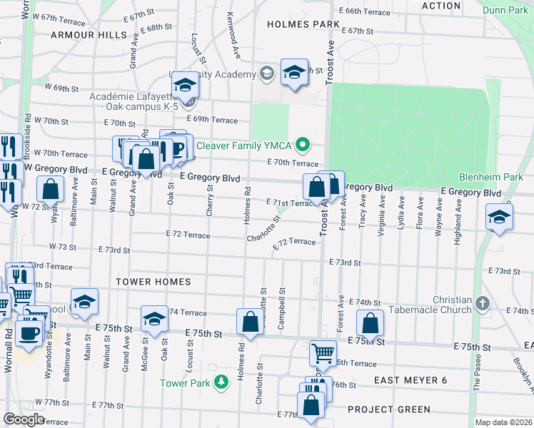 map of restaurants, bars, coffee shops, grocery stores, and more near 707 East 72nd Street in Kansas City
