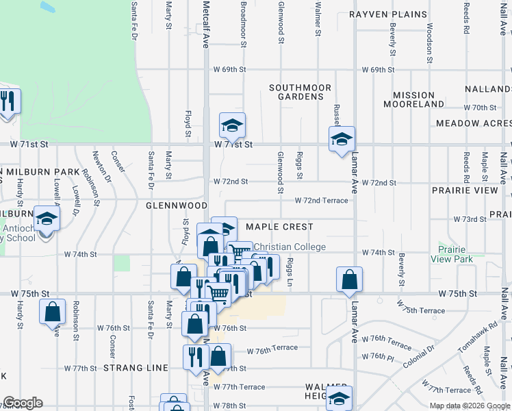 map of restaurants, bars, coffee shops, grocery stores, and more near 6814 West 73rd Street in Overland Park