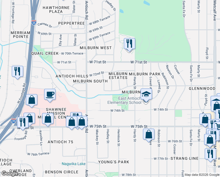 map of restaurants, bars, coffee shops, grocery stores, and more near 8403 West 72nd Terrace in Overland Park