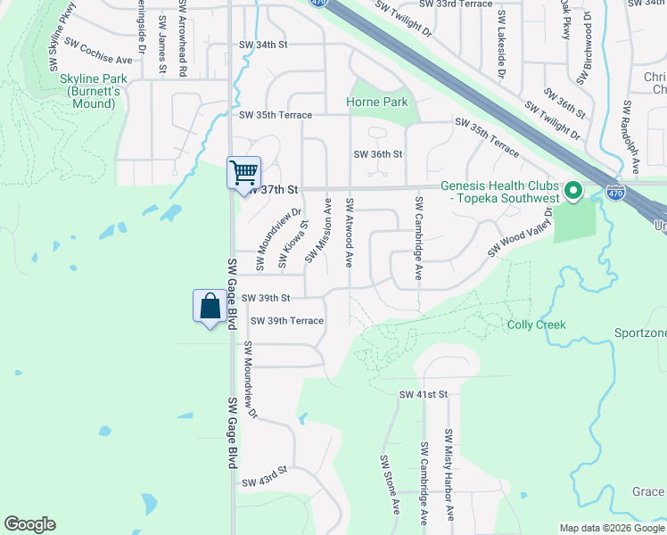 map of restaurants, bars, coffee shops, grocery stores, and more near 3898 Southwest Mission Circle in Topeka