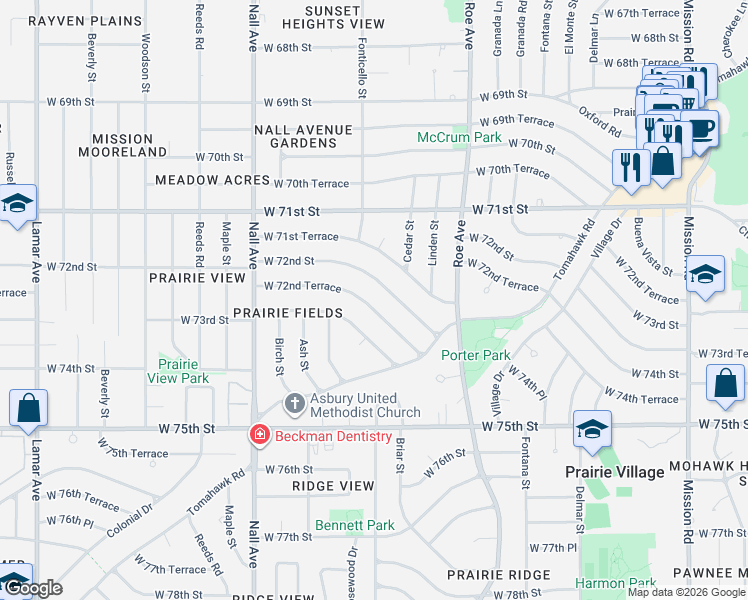 map of restaurants, bars, coffee shops, grocery stores, and more near 5023 West 72nd Terrace in Prairie Village