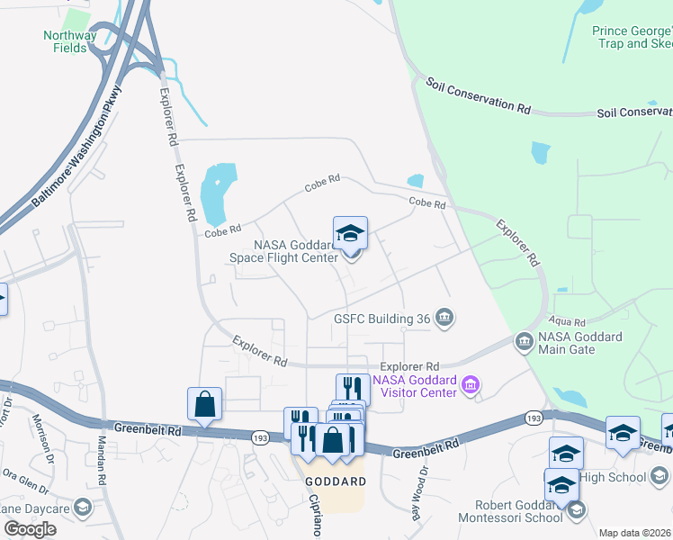 map of restaurants, bars, coffee shops, grocery stores, and more near Goddard Road in Goddard