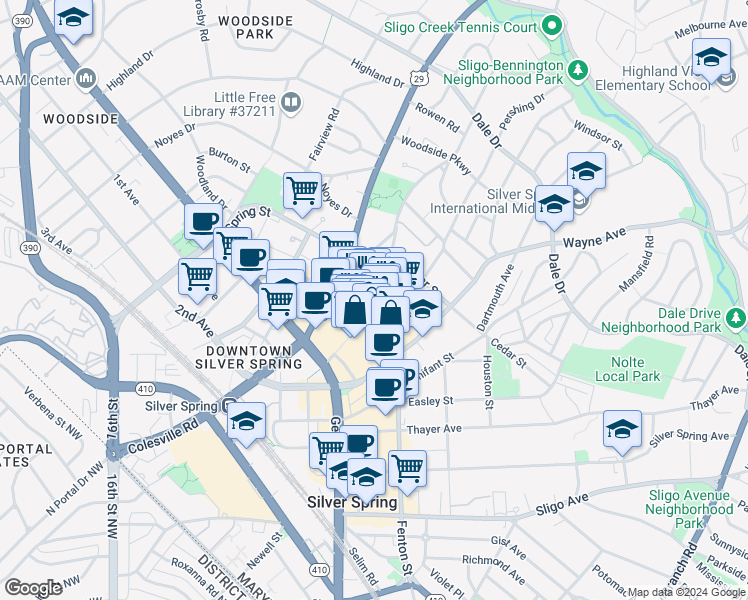 map of restaurants, bars, coffee shops, grocery stores, and more near 819 Ellsworth Dr in Silver Spring