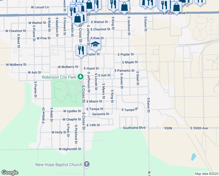 map of restaurants, bars, coffee shops, grocery stores, and more near 400-498 E Clearwater St in Robinson