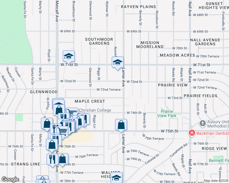 map of restaurants, bars, coffee shops, grocery stores, and more near 6306 West 73rd Street in Overland Park