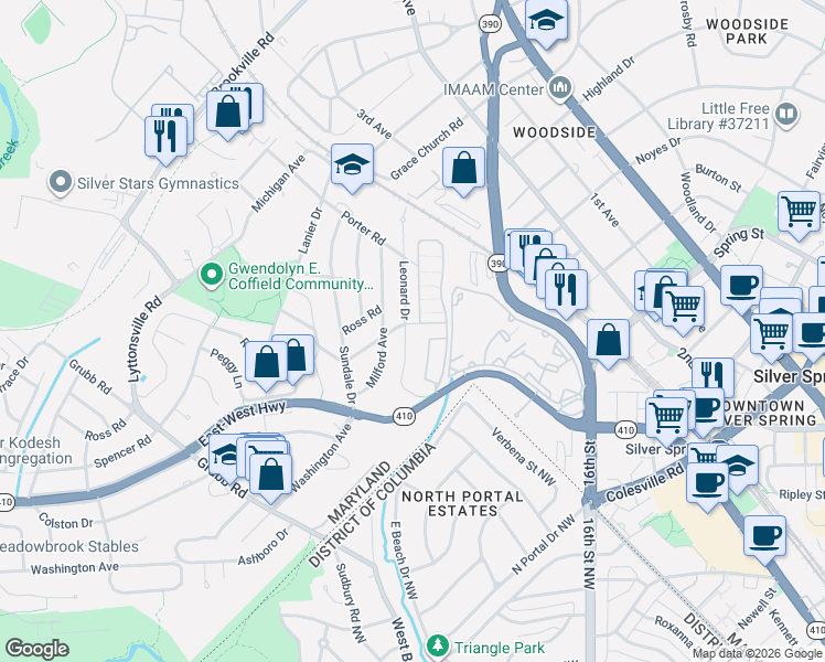 map of restaurants, bars, coffee shops, grocery stores, and more near 8613 Leonard Drive in Silver Spring