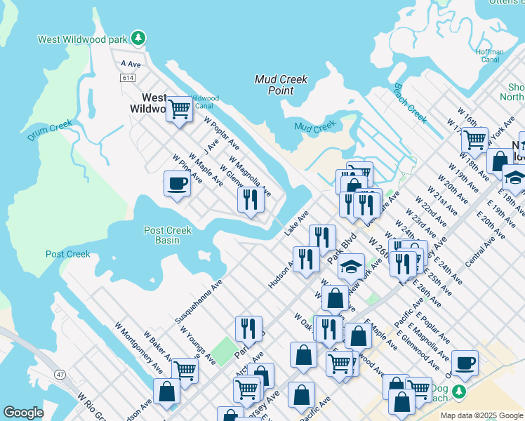 map of restaurants, bars, coffee shops, grocery stores, and more near 7 Venice Avenue in Wildwood