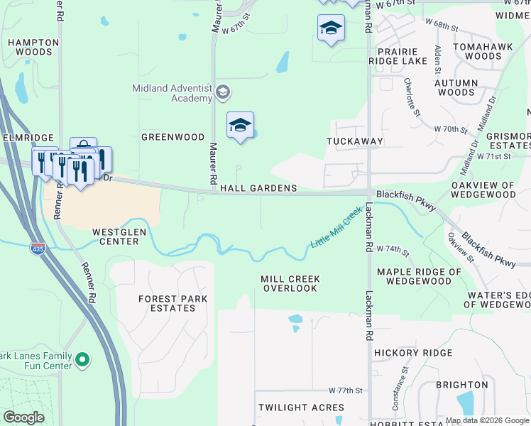 map of restaurants, bars, coffee shops, grocery stores, and more near 15609 Midland Drive in Shawnee