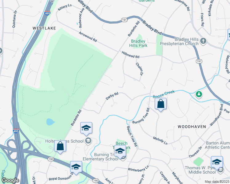 map of restaurants, bars, coffee shops, grocery stores, and more near 7017 Darby Road in Bethesda