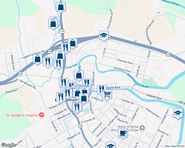 map of restaurants, bars, coffee shops, grocery stores, and more near 44 North Florida Street in Buckhannon