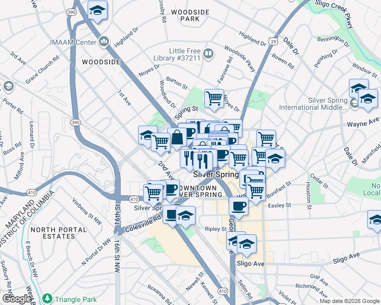 map of restaurants, bars, coffee shops, grocery stores, and more near 101 Independence Avenue Southeast in Washington