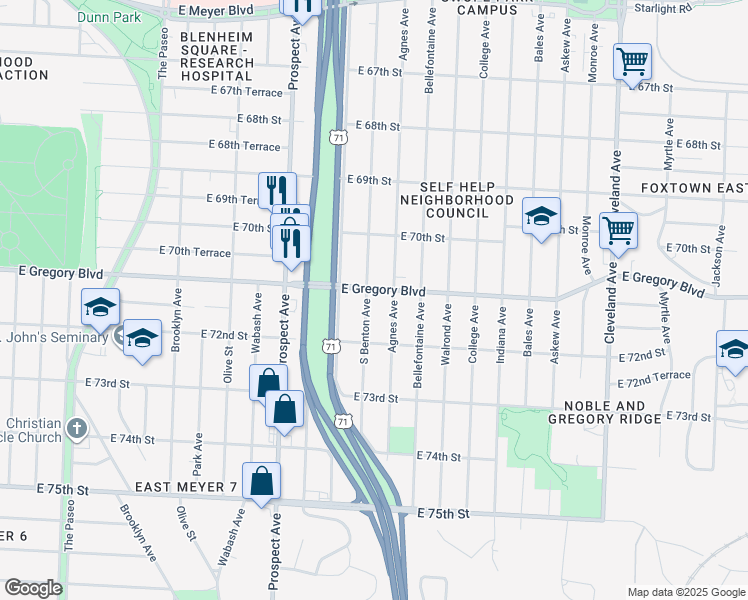map of restaurants, bars, coffee shops, grocery stores, and more near 7122 Agnes Avenue in Kansas City